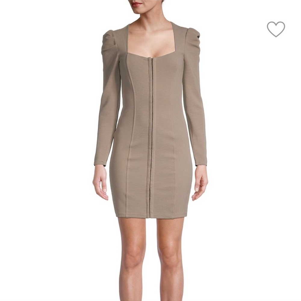 Betsey Johnson taupe square neck pleated shoulder zip front‎ mini dress size S